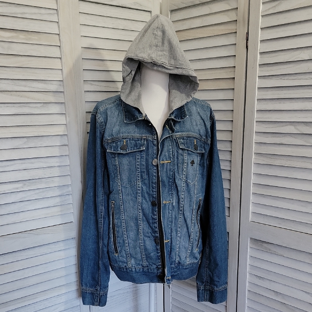 LRG Men's Blue Denim Jacket with Gray Hood Size L